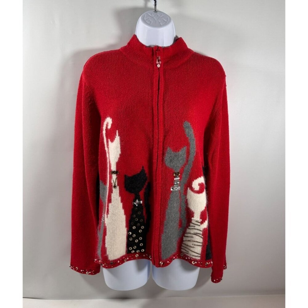 Coldwater Creek Red Bejeweled Cats Kitchy Zip Sweater Jacket Size‎ L
